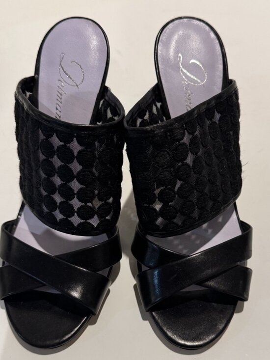 Delman Shoes - Delman Women's Black High-Heel Sandals w/Mesh Overlay and Leather Straps, Size 9